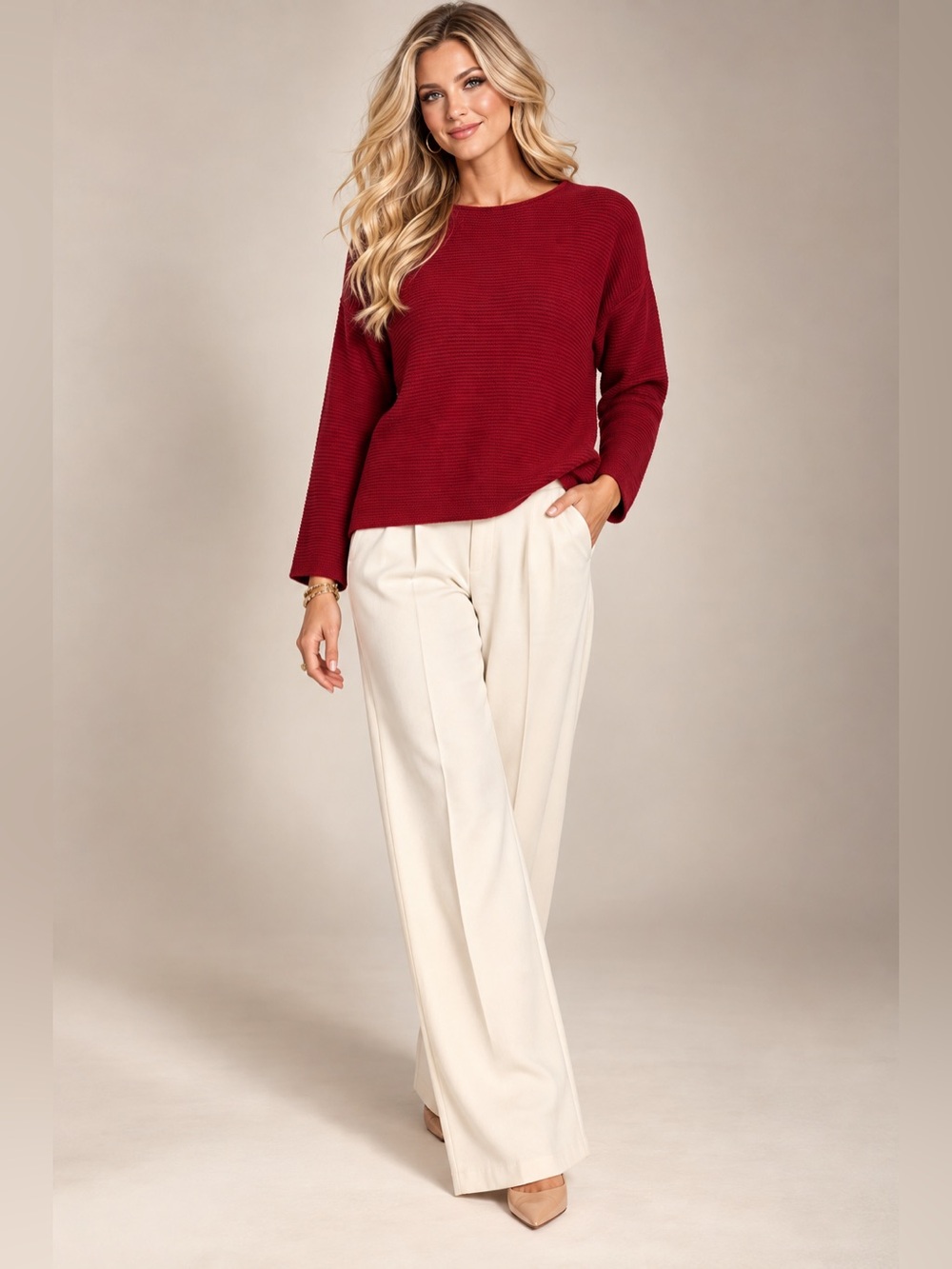 Eileen Fisher Organic Linen Cotton Ribbed Sweater Women M Red Pullover Relaxed